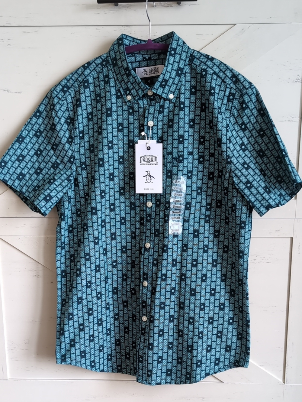 Original Penguin Teal and Black Short-Sleeve Button-Up Shirt